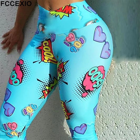 FCCEXIO New Cartoon Print High Waist Leggins Fitness Sexy Women Leggings Tights Running Workout Pants Push Up Gym Leggings